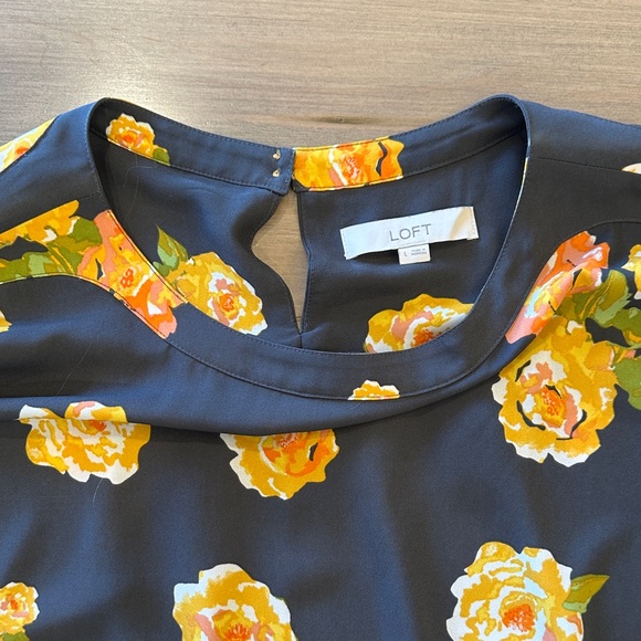 LOFT Dark Grey Blouse with Yellow Floral Print and Ruffle Cuffs - Picture 2 of 9